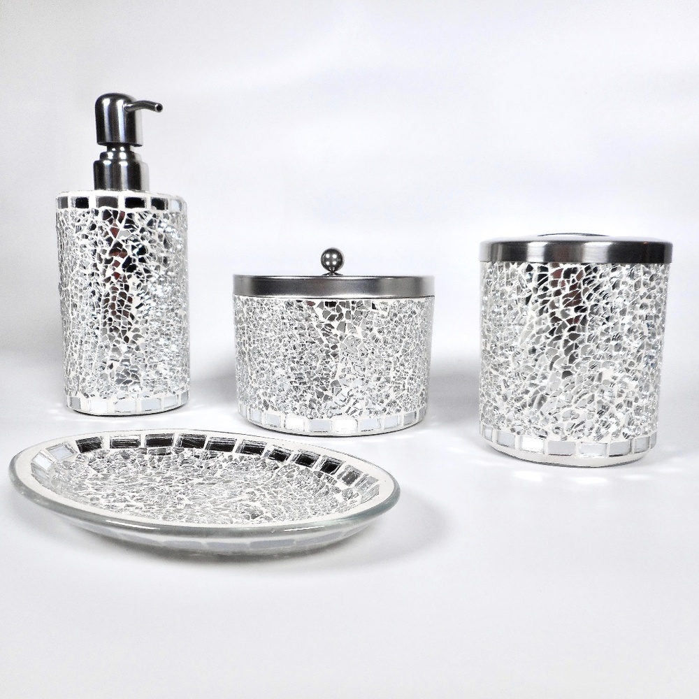 4 pc Mosiac Silver Mirror Glass Soap Dispenser Dish Jar Toothbrush Holder Bling
